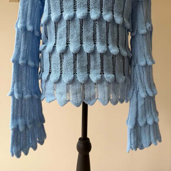 Light Blue Women's Open Knit Scallop-Trim Sweater - Picture 2 of 13